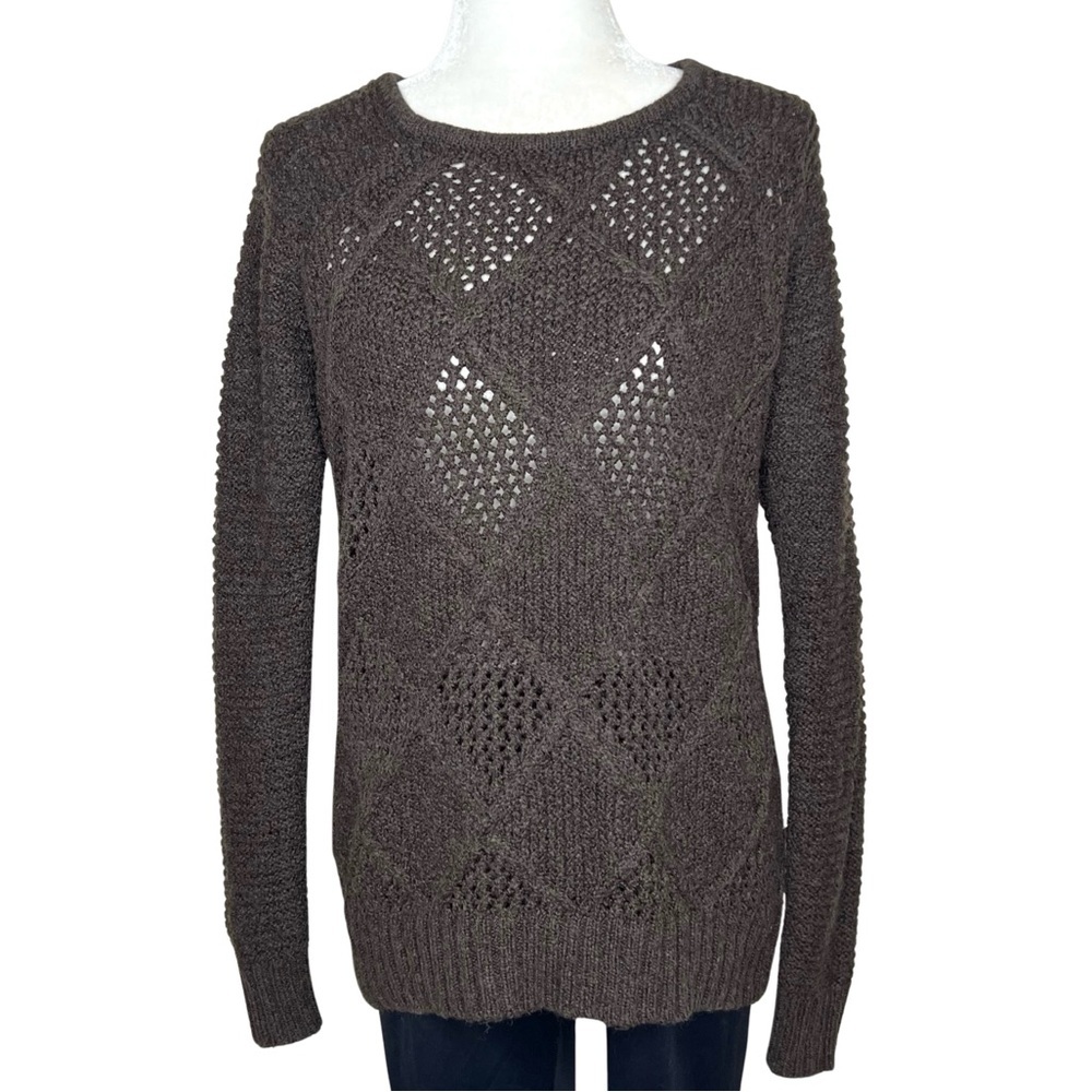 AEO Sweater Argyle Open Weave Diamond Knit Fuzzy Cabin Wool Blend Brown Small S